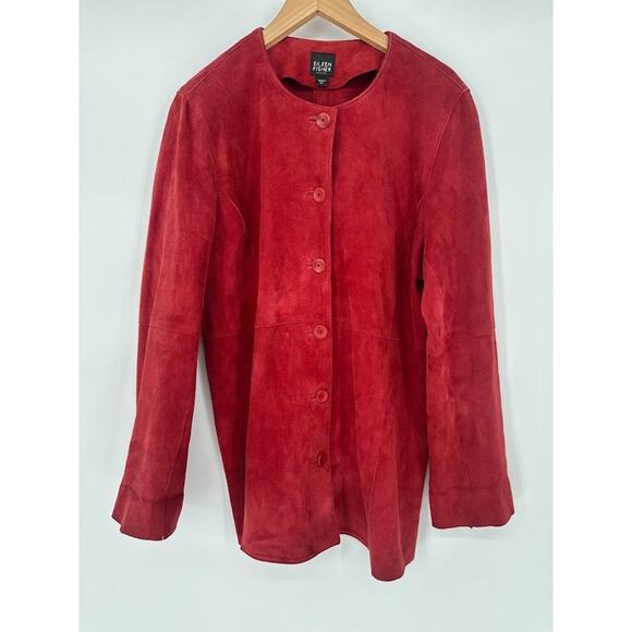 Eileen Fisher Petite Large Deep Rich Red Button Goat Suede Leather Blazer Jacket - Picture 1 of 9